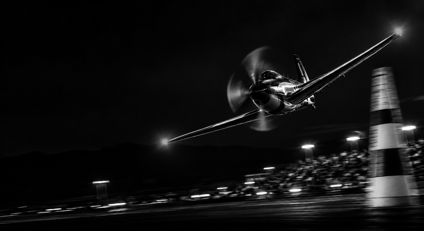 Air race plane banking around a pylon at night