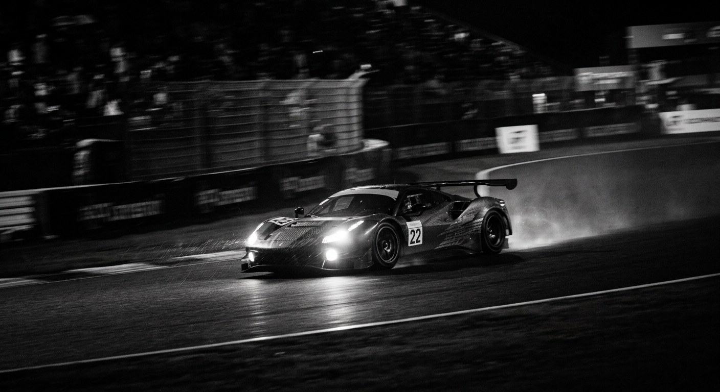 GT race car at speed on a wet track at night